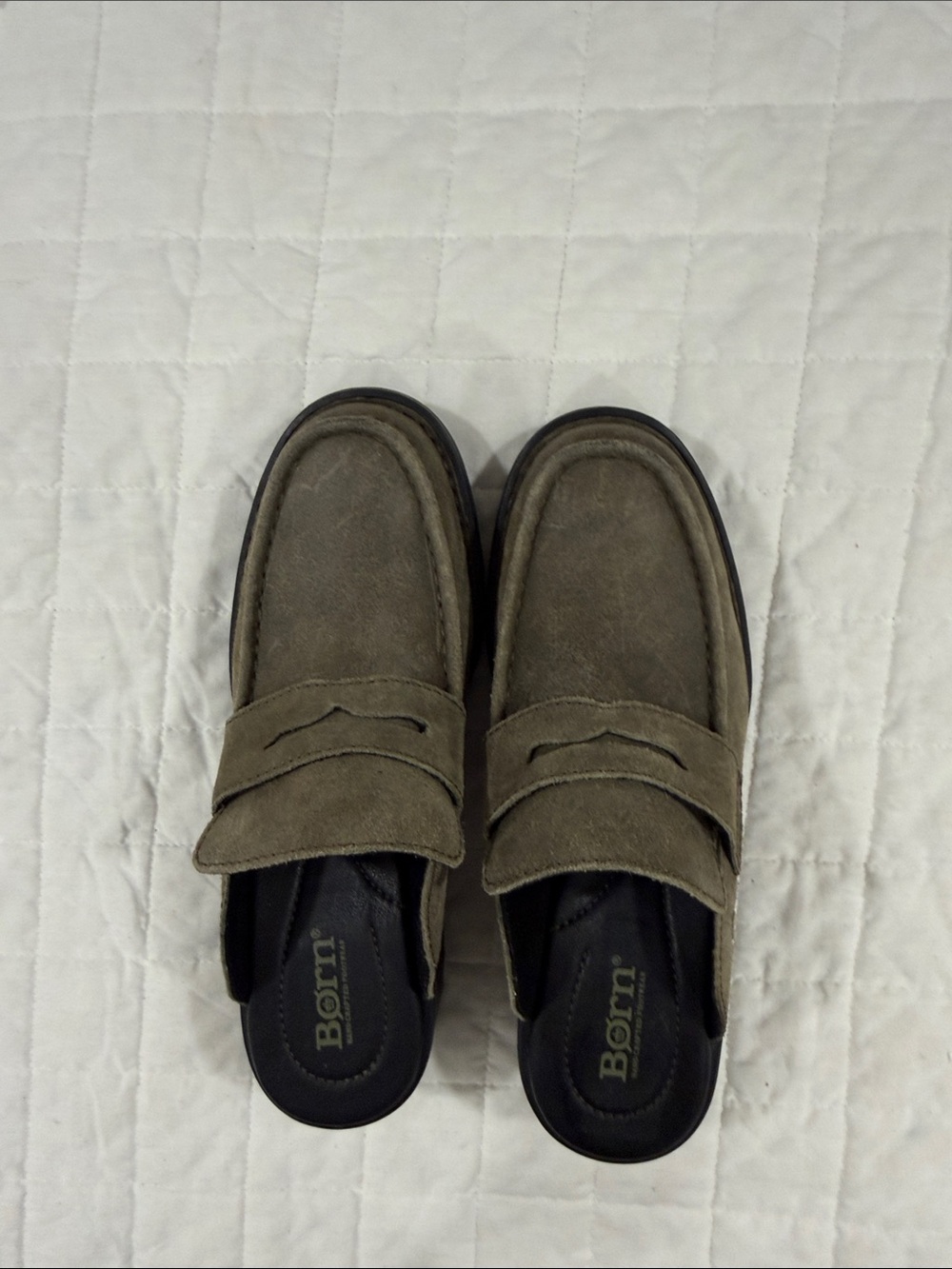 Born Olive Suede Penny Loafer Mules
